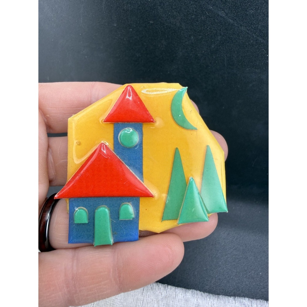 Vintage Lucinda House Pin Yellow Red Green Blue Enamel Signed Brooch